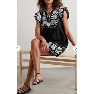Sea New York Dress Beck Embroidered Flutter Sleeve Cotton Small Black Cream Boho
